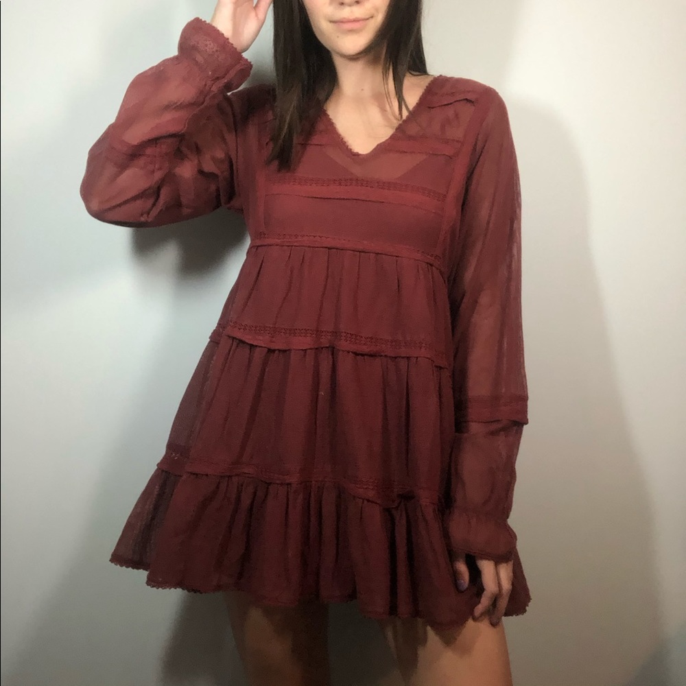 Free People Burgundy Long Sleeve Dress
